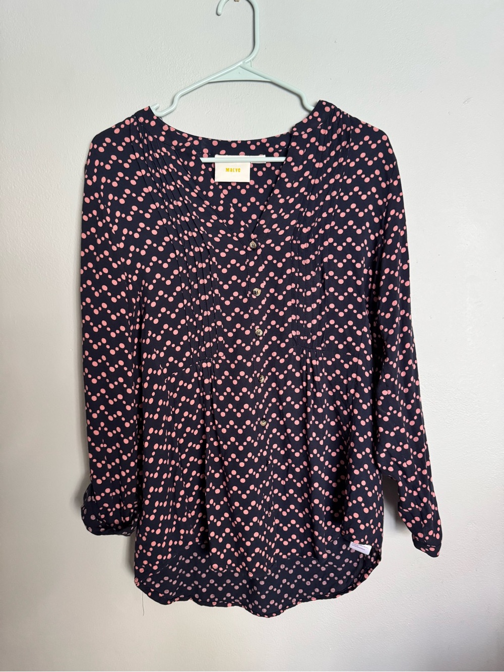 Maeve Navy Blouse with Pink Dot Chevron Pattern
